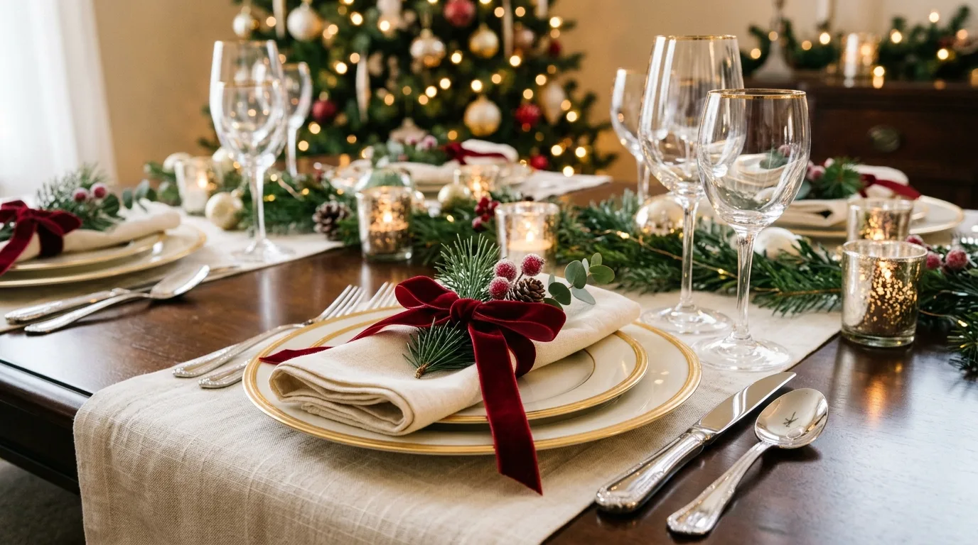 Christmas place setting with gold-rimmed plates and velvet ribbon napkin.